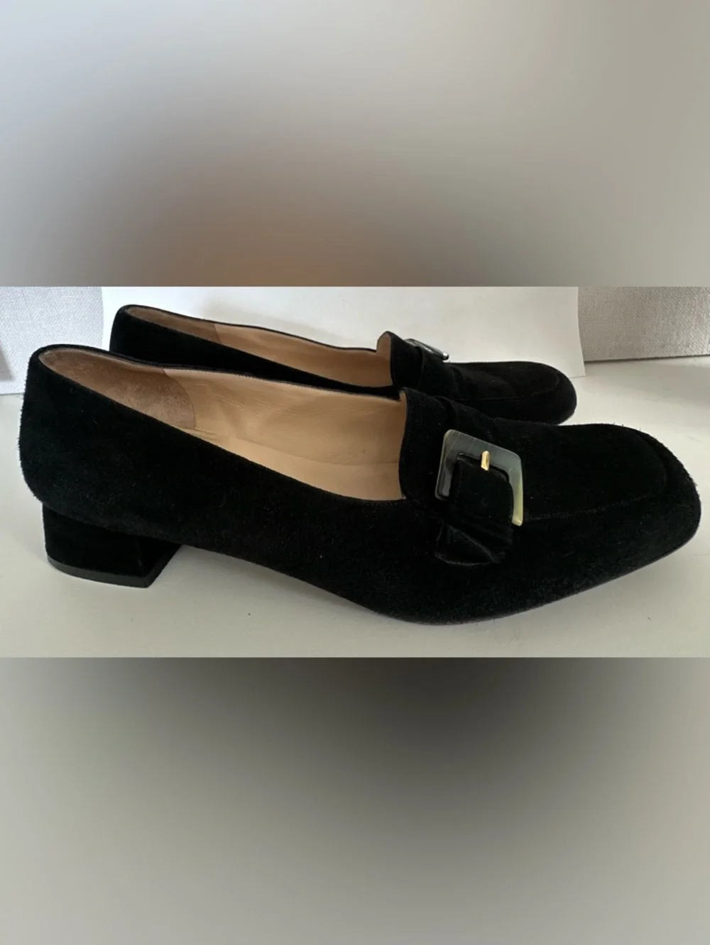 $950 SALVATORE FERRAGAMO Women’s Loafers Tortoiseshell Buckle Black Suede Size 8
